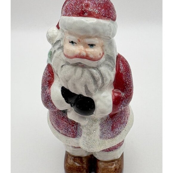 Vintage Santa Claus Christmas Tree Ornament with Glitter Accents Green Toy Sack - Picture 8 of 8